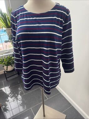 Liz Claiborne Navy, White and Burgundy Striped Long Sleeve Women's Top